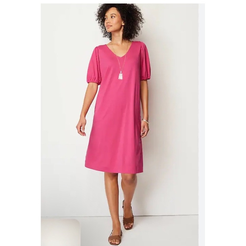 J. Jill Women's L Knit Knee-Length V-Neck Shift Dress Pink Dahlia 297561